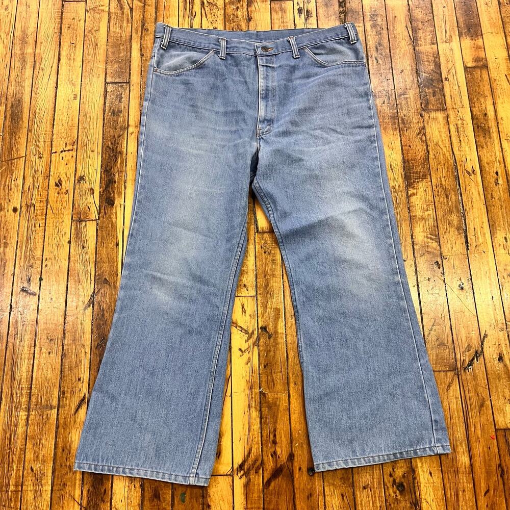 vintage men's jeans no label light wash 41x30 bootcut slight flare no stretch